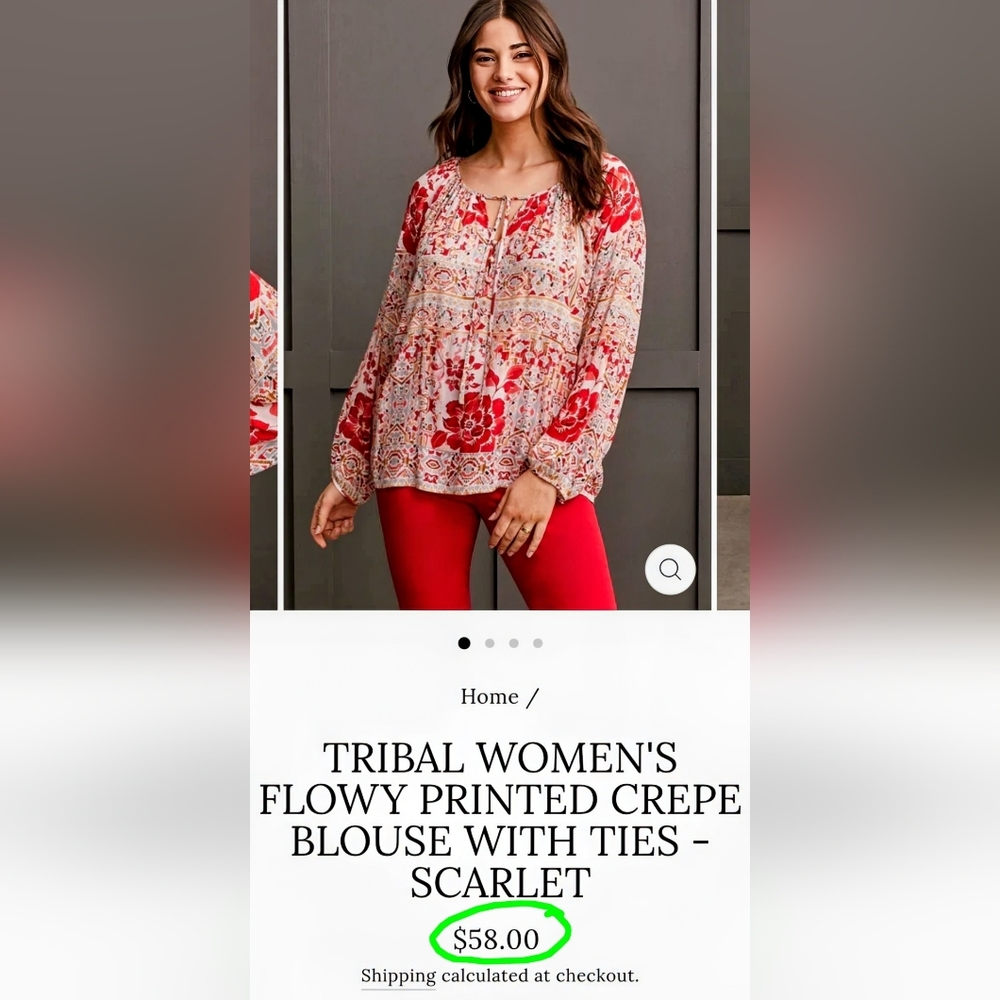 Tribal: Small Flowy Printed Crepe Blouse – Scarlet Multi - Picture 2 of 13
